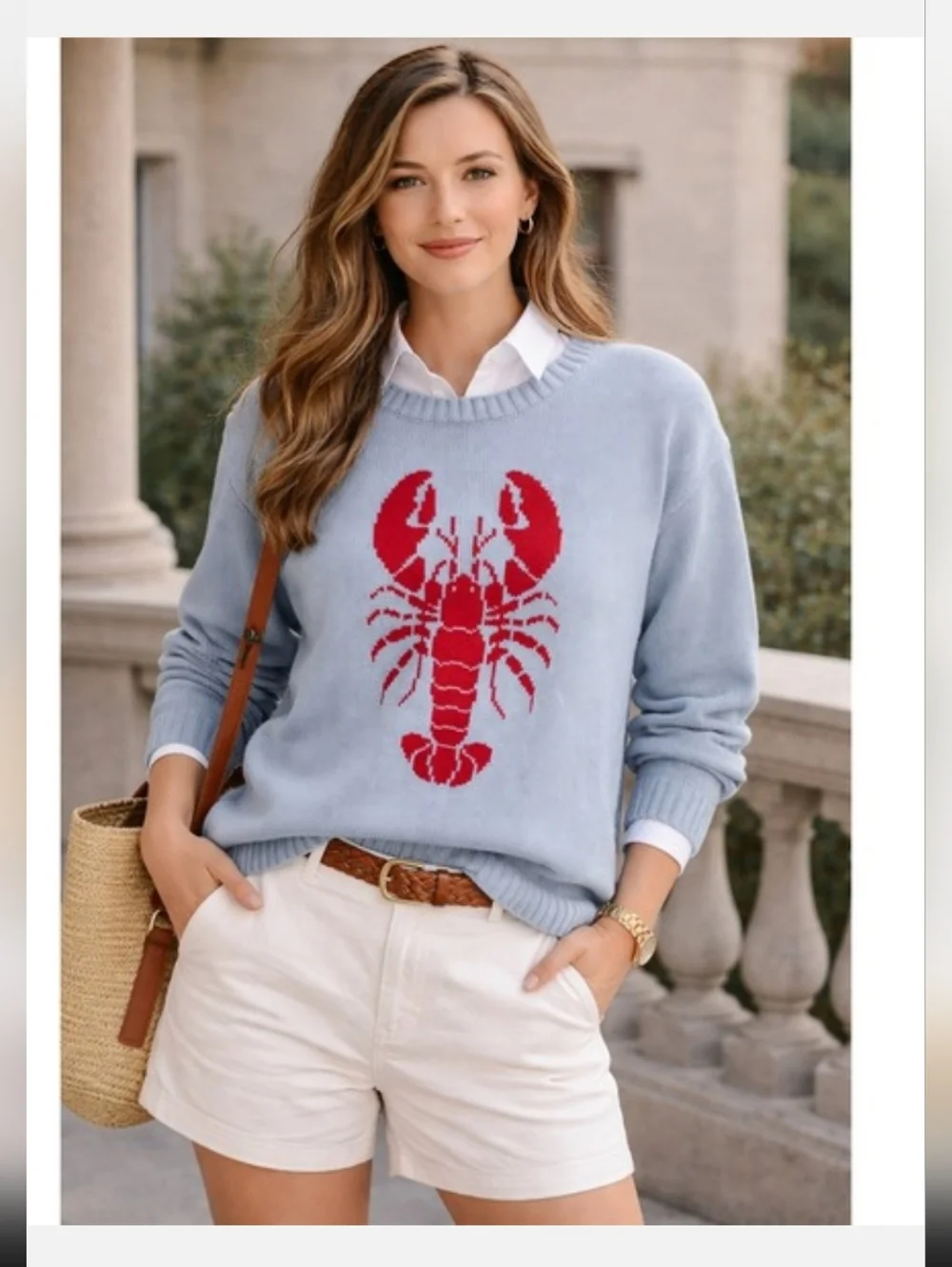 NWT Mighty Fine Light Blue Nautical Lobster Crewneck Sweater - Women Size Large - Picture 1 of 9